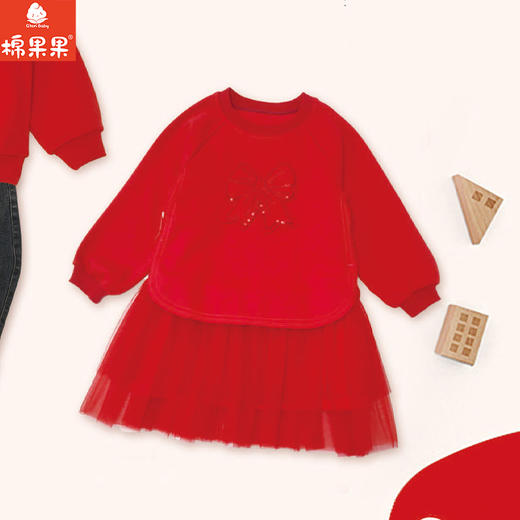 棉果果冬季新品新年款女童中国红喜庆节日氛围空气层中国风连衣裙M522700425770 商品图0
