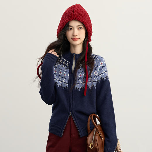 【11/14新品】熙世界复古北欧风费尔岛毛衣开衫女秋冬长袖双拉链提花针织短外套 商品图4