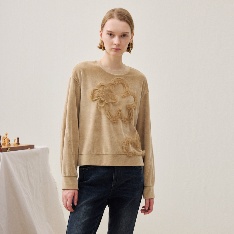 谜底短款卫衣长袖2025年冬季新品软糯斑驳绣花微落肩女254MV1502