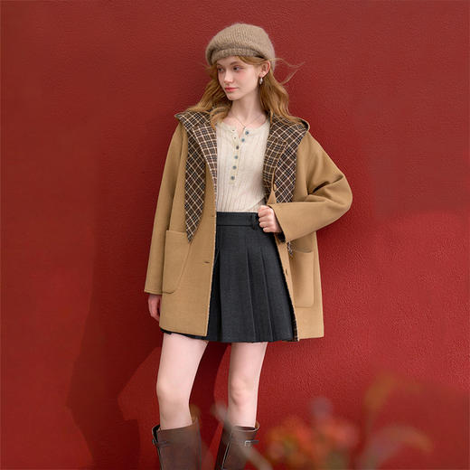 西遇复古格纹连帽毛呢外套女冬季新款百搭宽松中长款保暖大衣V4155428 商品图3