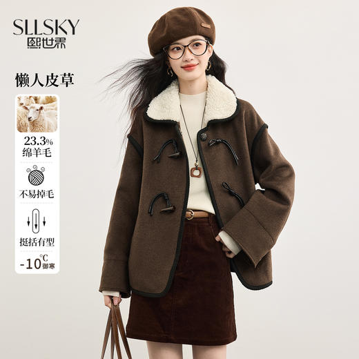 【11/14新品】熙世界牛角扣短款毛呢大衣女设计感毛绒翻领羊毛外套2025冬季新款 商品图0