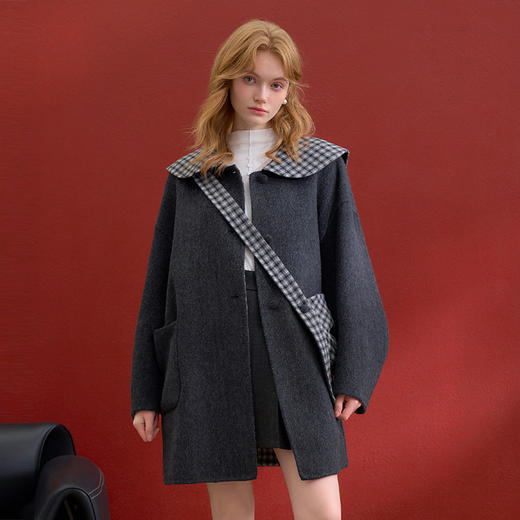 西遇减龄娃娃领双面呢毛呢外套女冬季复古撞色格纹呢子大衣H0055304 商品图0