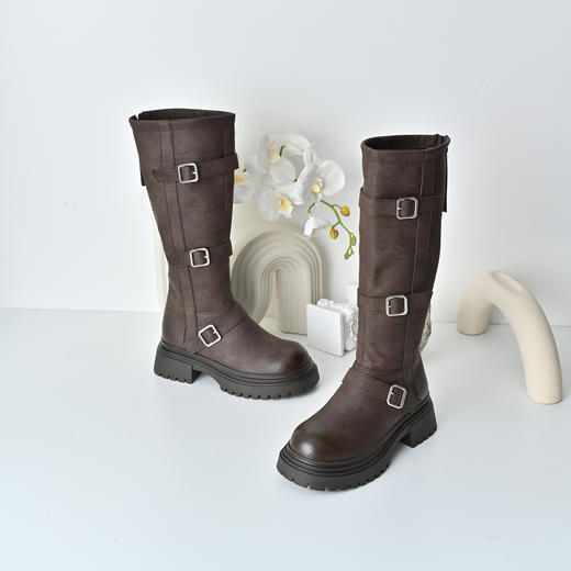 经典鲨2025年冬季专柜新品百搭圆头加绒潮酷长筒靴骑士靴女KW178-558101 商品图2