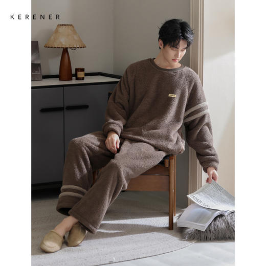 可人儿冬季男士保暖半边绒睡衣秋冬休闲圆领男款加厚珊瑚绒家居服 商品图2