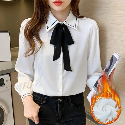 KQL 617T8050加绒衬衫蝴蝶结设计感加厚保暖衬衫 商品图3