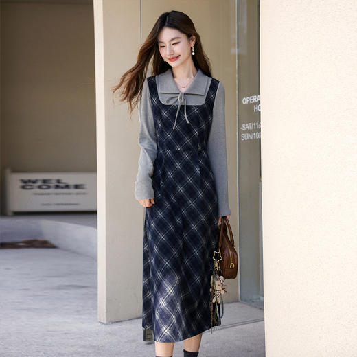 【11/14新品】熙世界伯克利复古格纹假两件连衣裙女2025秋冬新款翻领收腰长裙子 商品图2