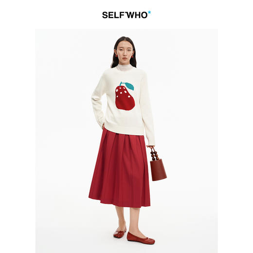SELFWHO羊毛混纺圣诞红A字工字褶半身裙女2025冬新款保暖显瘦半裙 商品图2