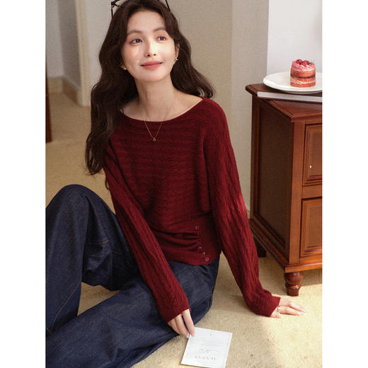 鹿向南「复古情歌」法式复古红色毛衣女秋新款设计感小众长袖上衣 商品图4
