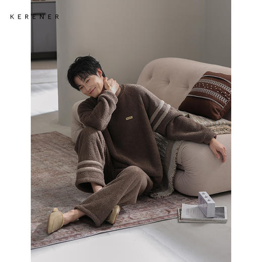 可人儿冬季男士保暖半边绒睡衣秋冬休闲圆领男款加厚珊瑚绒家居服 商品图1