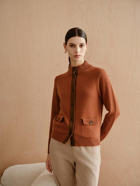 【条纹撞色针织开衫】羊绒世家秋冬新品女士100%山羊绒半高领撞色开衫