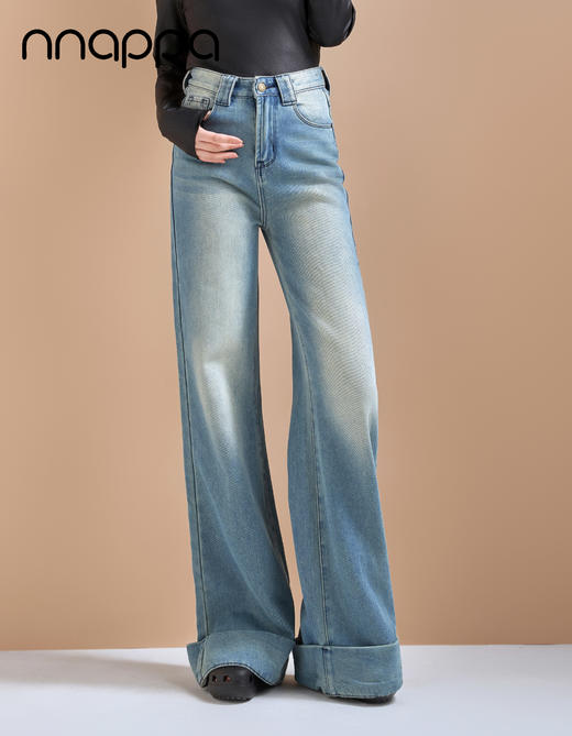 时尚薄绒翻边大阔腿牛仔裤PB66200 商品图0