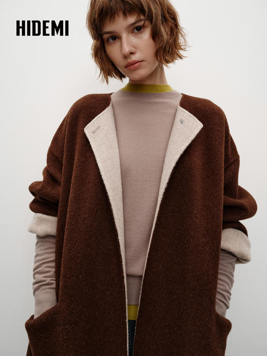 HIDEMI 进口美利奴羊毛撞色双面呢大衣圆领浴袍腰带长款外套 咖啡色撞燕麦米 商品图5