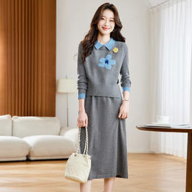 高级感翻领针织连衣裙，刺绣中长款小个子毛衣裙马甲背心两件套装CC-22-2826