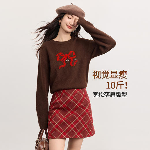 【周末秒杀】熙世界可露丽韩系圆领毛衣女宽松套头减龄蝴蝶结针织衫25秋冬新款 商品图1