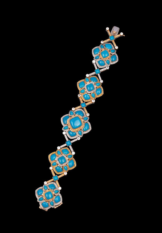 独角鹿西洋古董20世纪晚期欧洲出品黄金及白金镶嵌绿松石黄钻及白钻花卉造型手镯 商品图3