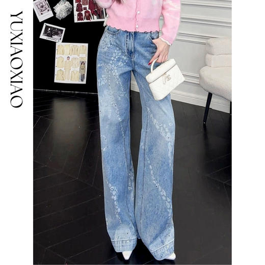余潇潇【花漾剪影】时尚复古精致牛仔重工烧花工艺直筒牛仔裤 商品图0