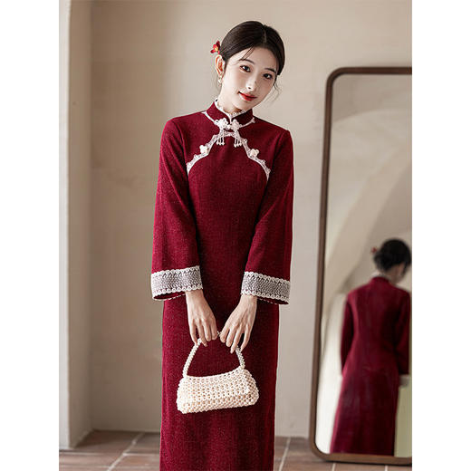 秋冬加绒红色旗袍敬酒服，新中式婚服订婚礼服LSB3329 商品图2