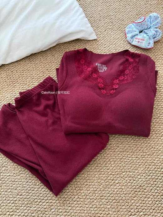 【GZ】无忧购49元2件起羊绒蚕丝保暖内衣加绒带胸垫纯欲显瘦秋衣秋裤套装蕾丝v领A45（截单后3-5天发货) 商品图10