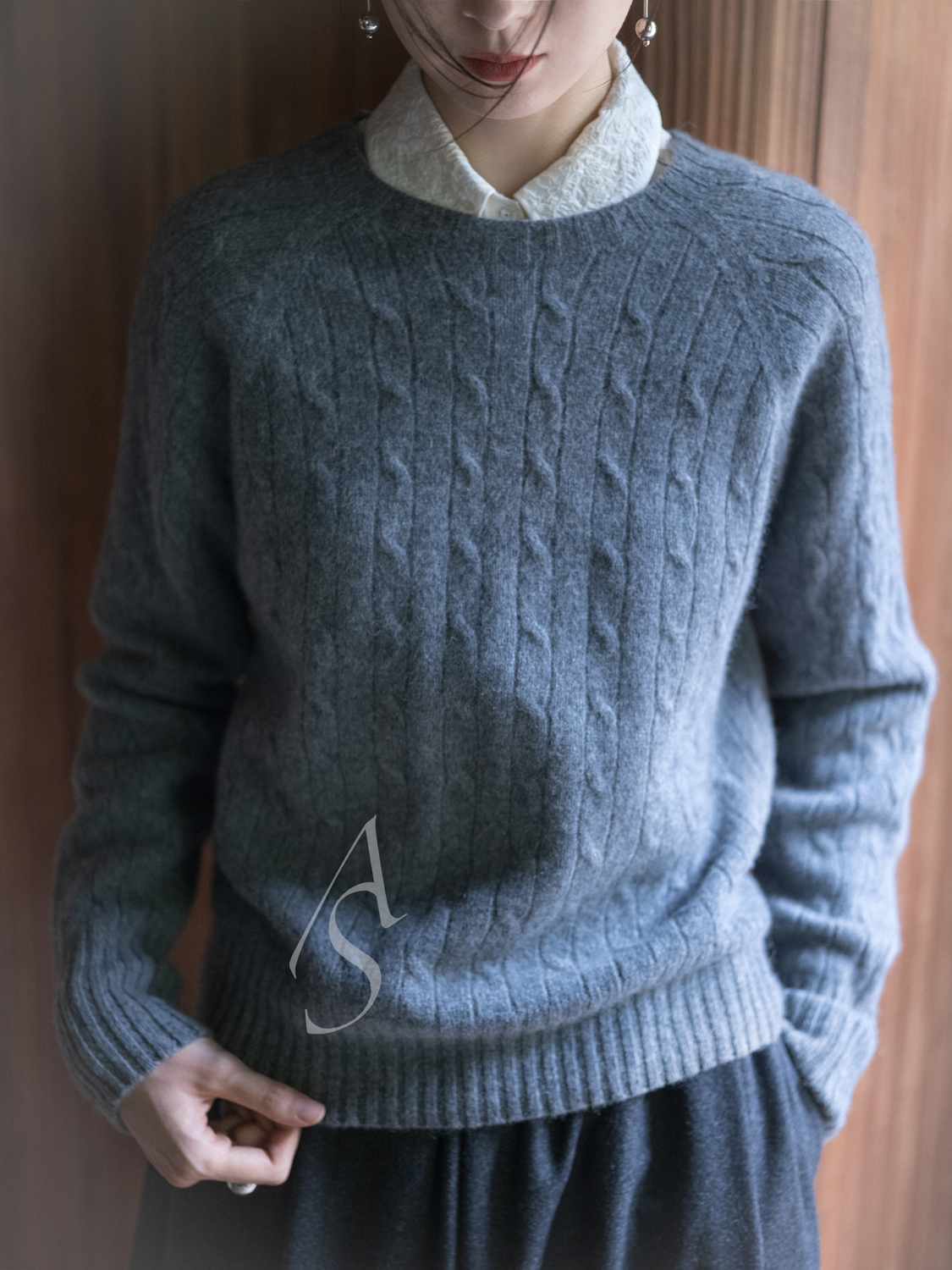 Margaret Howell 25AW 原色/石灰色苏格兰制圆领绞花羊绒衫