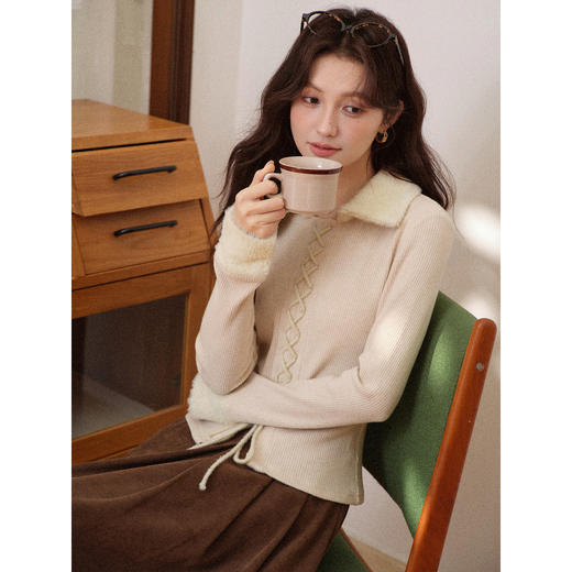 鹿向南「细针织柔」杏色翻领长袖毛针织衫秋冬新款温柔百搭上衣女 商品图4