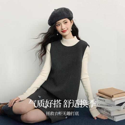 【11/14新品】熙世界小香风灰色毛呢背心裙女2025秋冬新款立体花无袖直筒连衣裙 商品图1