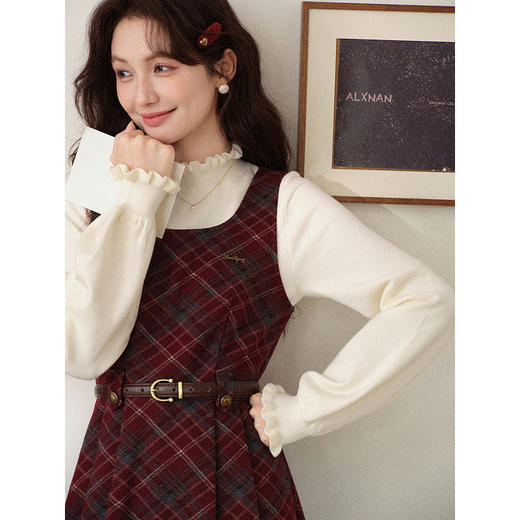 鹿向南「揽星凝暖」法式红色格纹背带连衣裙秋冬季复古收腰长裙女 商品图3
