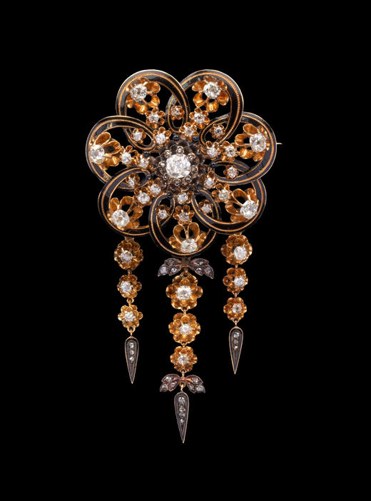 独角鹿西洋古董1850-1870年代欧洲出品18K黄金镶嵌钻石及珐琅花卉流苏造型胸针 商品图1