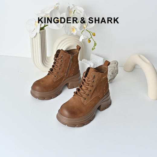 经典鲨2025冬专柜款牛皮革百搭圆头加绒中粗跟轻便马丁靴女KW57-558091 商品图0