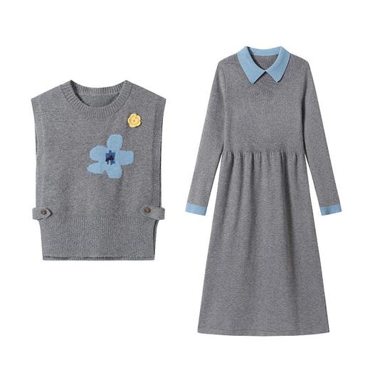 高级感翻领针织连衣裙，刺绣中长款小个子毛衣裙马甲背心两件套装CC-22-2826 商品图4