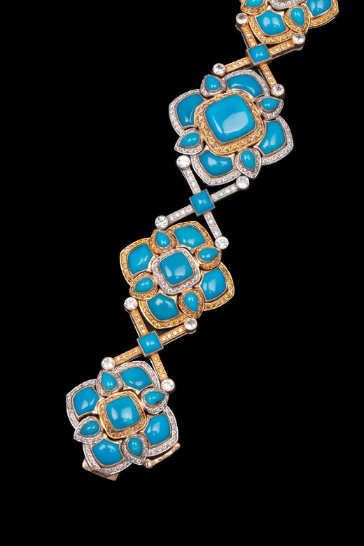 独角鹿西洋古董20世纪晚期欧洲出品黄金及白金镶嵌绿松石黄钻及白钻花卉造型手镯 商品图5