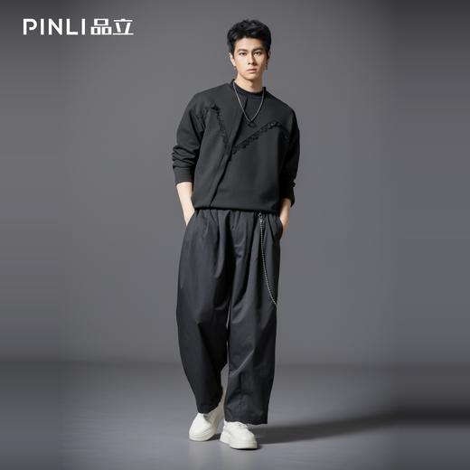 PINLI品立春季新款男士宽松立领亮片织带长袖T恤上衣体恤潮牌B253111106 商品图1