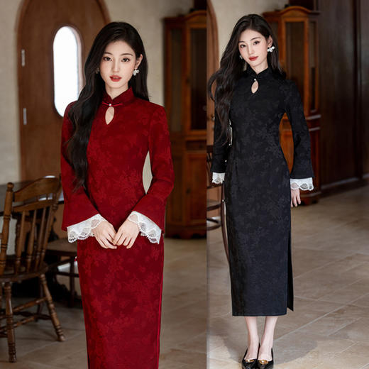 水滴领黑色红色国风新中式长款秋长袖旗袍改良年轻款日常可穿旗袍3125111 商品图0