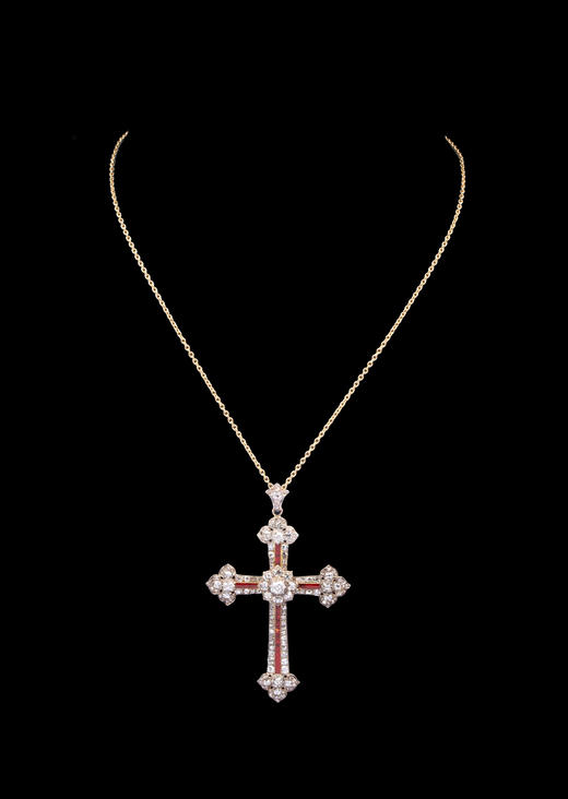 独角鹿西洋古董1850-1870年代欧洲出品黄金底纯银镶嵌钻石及红色珐琅十字架造型吊坠 商品图1