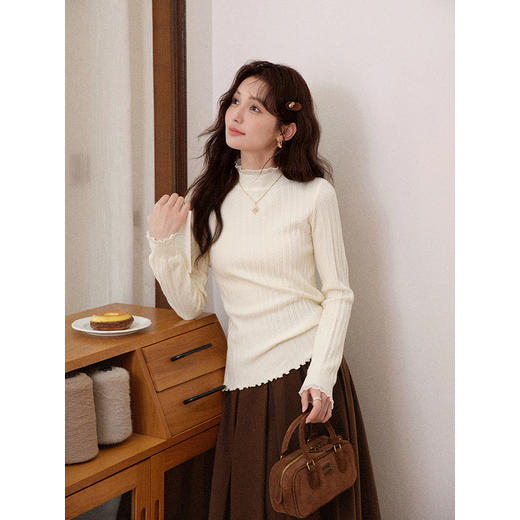 鹿向南「月素织云」杏色蕾丝拼接半高领毛针织衫秋冬季内搭上衣女 商品图1