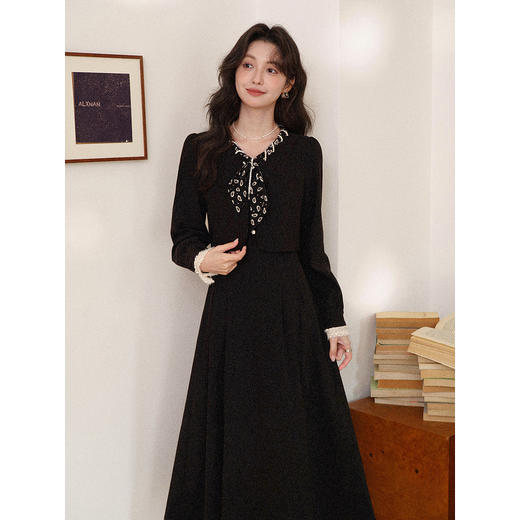 鹿向南「璀璨星河」法式黑色长袖连衣裙女秋冬新款优雅气质长裙子 商品图0