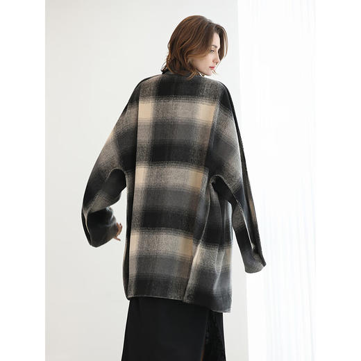 COCOBELLA英伦风格子毛呢外套秋冬中长款翻领呢子大衣WL3223 商品图2
