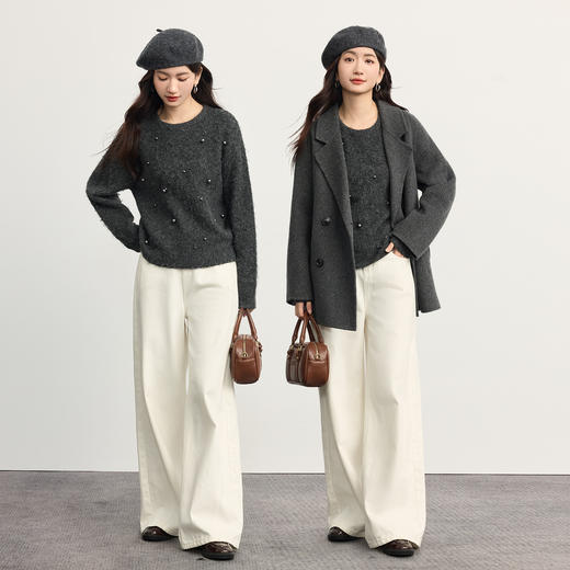 【11/14新品】熙世界格雷系穿搭钉珠毛衣女2025冬季新款落肩圆领套头灰色针织衫 商品图1