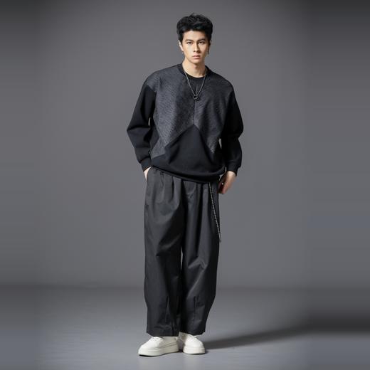 PINLI品立2025秋季新款宽松圆领拼料落肩套头卫衣青年上衣潮牌男B253109101 商品图4