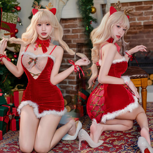 【情趣内衣】霏慕 毛毛透纱系带圣诞套装6709 商品图10