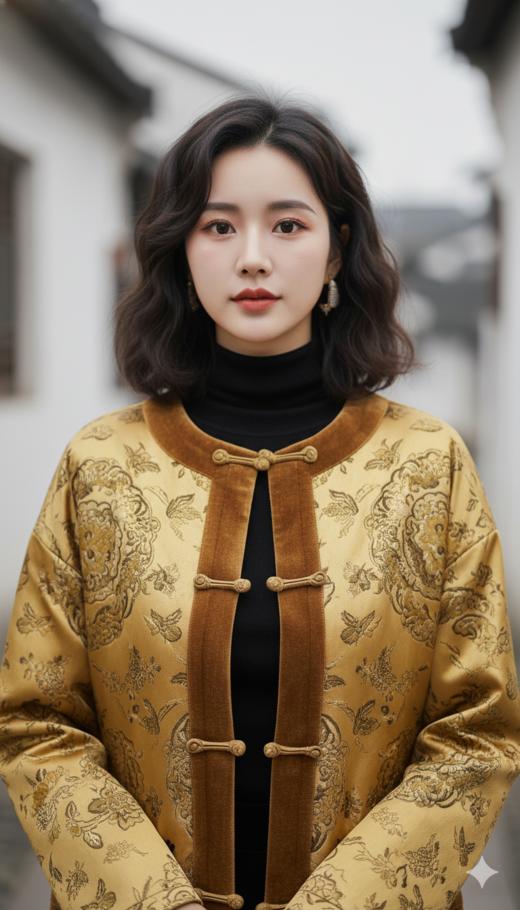 圆领门襟宽边拼色夹羊驼绒棉衣 商品图1