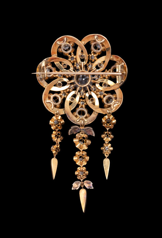 独角鹿西洋古董1850-1870年代欧洲出品18K黄金镶嵌钻石及珐琅花卉流苏造型胸针 商品图5