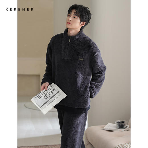 可人儿冬季男士保暖舒棉绒睡衣秋冬休闲立领男款加厚珊瑚绒家居服 商品图3
