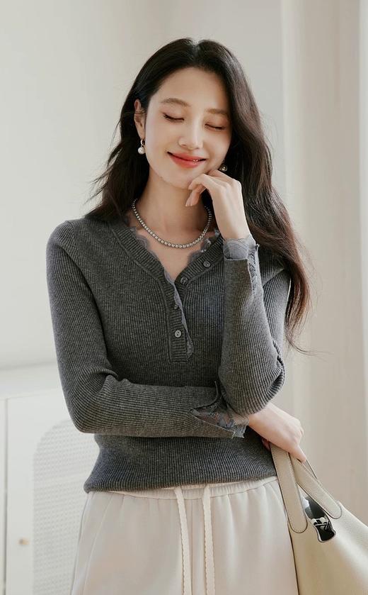 D111315冬季新款v领蕾丝拼接针织衫羊毛显瘦针织上衣 商品图2