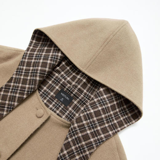 西遇复古格纹连帽毛呢外套女冬季新款百搭宽松中长款保暖大衣V4155428 商品图5