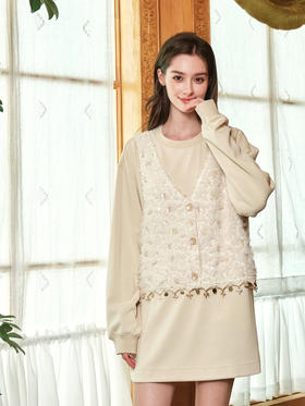 杏色糖果亮片绒毛假两件长卫衣连衣裙