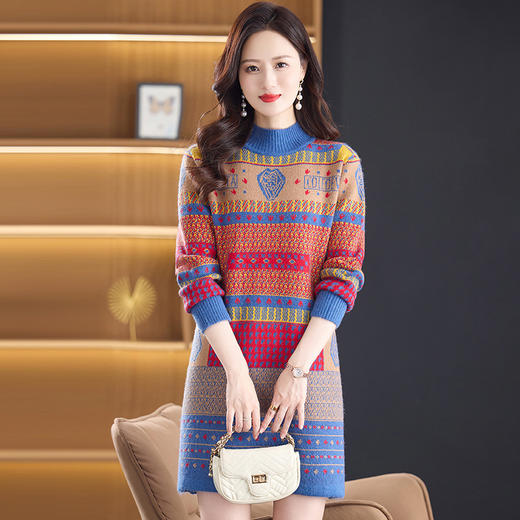 时尚提花羊毛针织连衣裙百搭中长款打底毛衣裙CC0818 商品图1