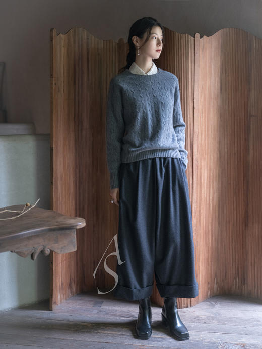 Margaret Howell 25AW 原色/石灰色苏格兰制圆领绞花羊绒衫 商品图3