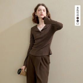 西遇蕾丝拼接假两件V领长袖针织衫女秋季修身显瘦软糯T恤上衣V2951159