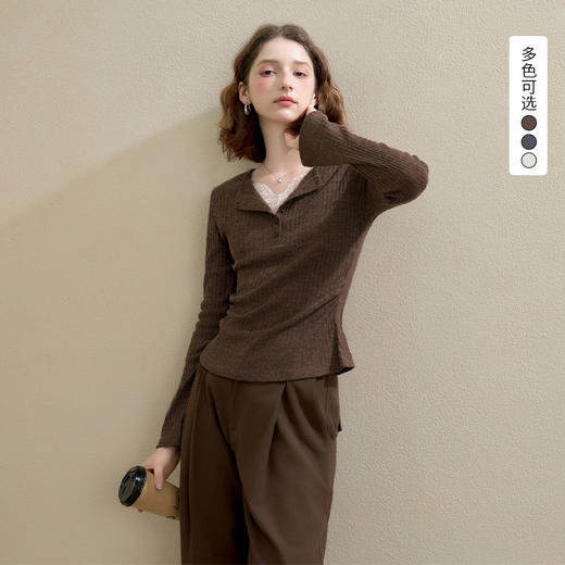 西遇蕾丝拼接假两件V领长袖针织衫女秋季修身显瘦软糯T恤上衣V2951159 商品图0