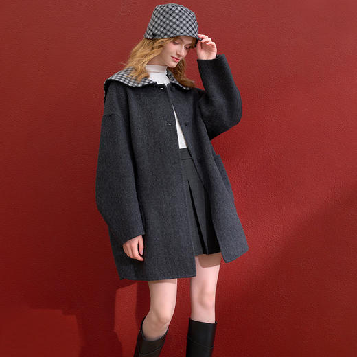 西遇减龄娃娃领双面呢毛呢外套女冬季复古撞色格纹呢子大衣H0055304 商品图3